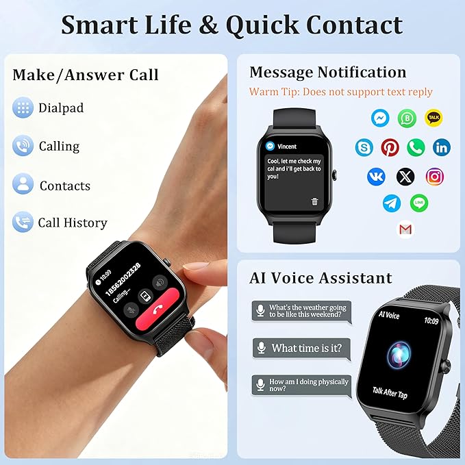 Smart Watch Women Men, 1.85’’ Reloj Inteligente para mujer hombre, Make/ Answer Call, Health Monitor/Blood Pressure, 110+ Sports Modes, Voice Control, IP68 Waterproof Compatible with Android & iPhone