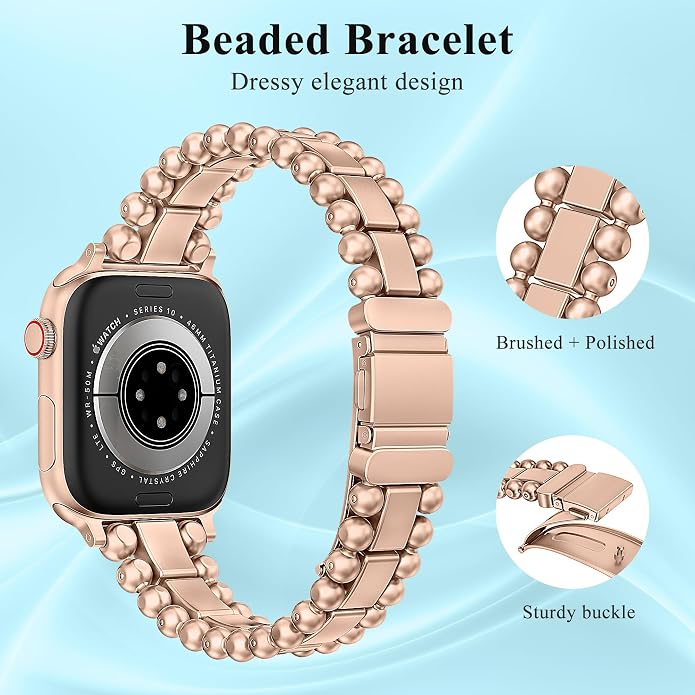 TOYOUTHS Beaded Bracelet Compatible with Apple Watch Bands 38/40/41/42/44/45/46/49mm Women, Dressy Fancy Stainless Steel Metal Elegant Jewelry Strap for iWatch Series 11 10 9 8 7 6 5 4 Ultra/SE 3 2 1