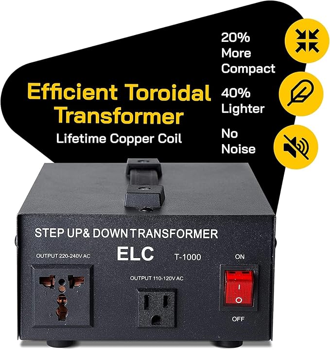 ELC T Series 1000 Watt Voltage Converter Transformer - Step Up/Down - 110v to 220v / 220v to 110v Power Converter - Circuit Breaker Protection, CE Certified [3-Years Warranty]