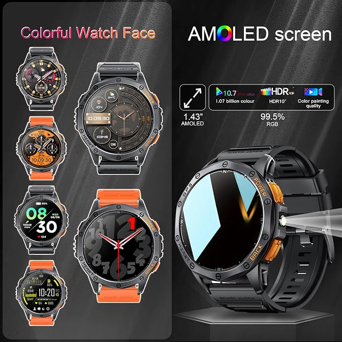 Military Smart Watches Built-in GPS, 170+ Sport Modes for Men with Flashlight, Smartwatch for Android Phones and iPhone, 1.43" AMOLED Screen Bluetooth Call Compass Altimeter (Sivler & Camo (2 Bands))