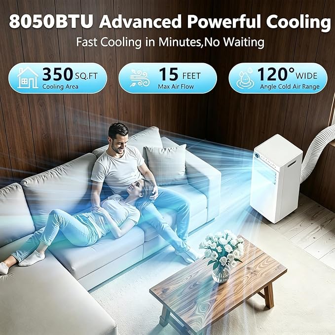 Electactic 8000 BTU Portable Air Conditioners, 4-in-1 Portable AC Unit Up to 350 Sq.Ft., Air Conditioner Portable with Cool, Fan, Dehumidifier, Auto Drain, 24H Timer, Remote & Window Kit, for Bedroom