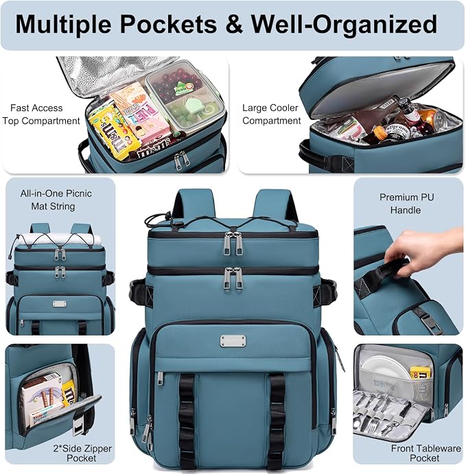 Weitars Insulated Cooler Backpack,Double Deck Waterproof Soft Cooler Bag,Backpack Coolers Leak Proof Lunch Backpack for Men Women for Travel,Camping,Picnic,Beach,Picnic,Outdoor 31L/52 Can