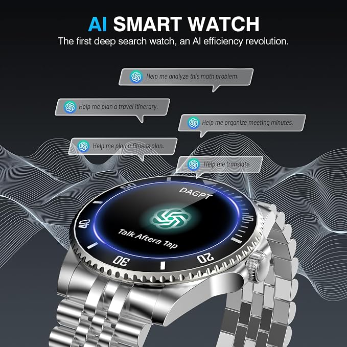 SOUYIE GPT AI Luxury Smart Watch, 24/7 Heart Rate, Blood Oxygen, Blood Pressure, Sleep Monitor, Waterproof Smartwatch, 1.19-inch AMOLED 44mm, 107 Sports Modes, Compatible Android and iOS Silver Black