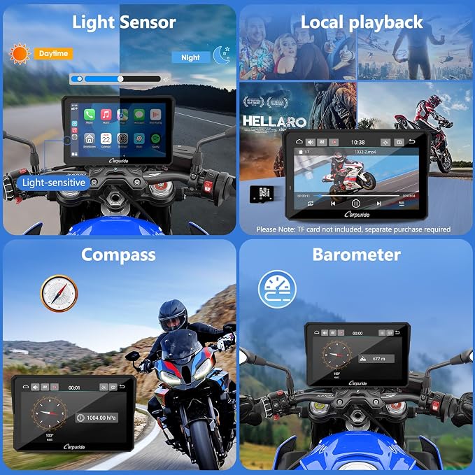 CARPURIDE W702BS for BMW Motorcycle CarPlay & Android Auto Dual Bluetooth, 7" Waterproof GPS Navigation Screen, Data Reading, Native Wonder, TPMS, Light Sensor, Music Sharing, Intercom, 16-Pin