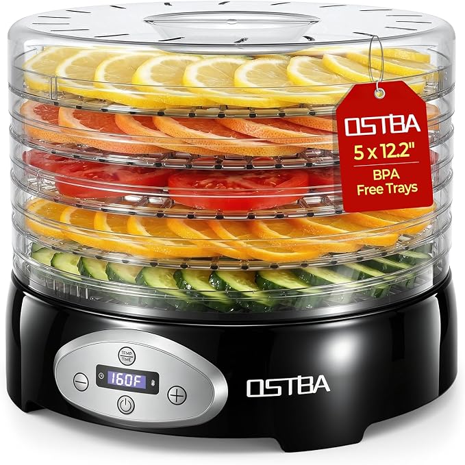 OSTBA Food Dehydrator, 5 BPA-Free 12.2" Trays, Adjustable Temp 95–160℉, 48H Timer, 420W Food Dryer for Fruits, Veggies, Jerky, Herbs, Home Use, BPA-Free