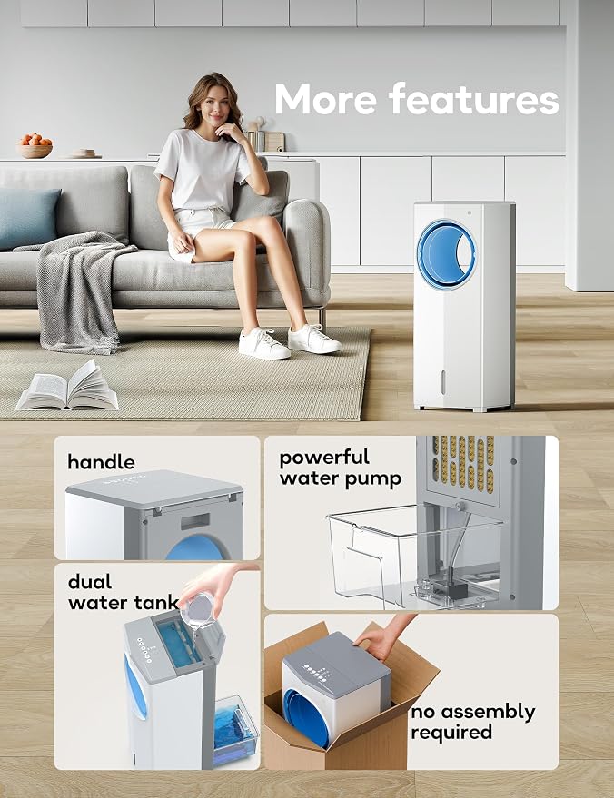 Windowless Portable Air Conditioner, 26.1" Small Evaporative Air Cooler for Room No Window, 3-Speed Settings, 4 Modes, 7H Timer, Remote Control, 4 Ice Packs, Quiet AC Unit for Bedroom, Ivory