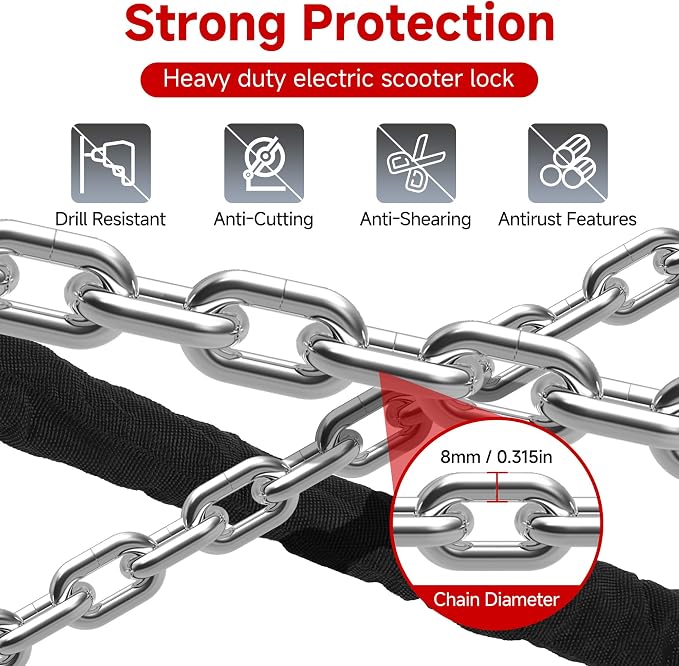 Heavy Duty Scooter Lock - 8mm Anti-Theft Chain Lock with 3 Keys, 94cm Weatherproof Security Lock for Electric Scooters, Bikes, Motorcycles