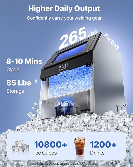 VEVOR Commercial Ice Maker Machine, 265 lbs/24h with 85 lbs Storage Capacity, Built-in/Freestanding/Under Counter, Stainless Steel Ice Maker with LED Display & Self-Cleaning, for Home Bar Restaurant