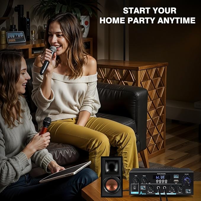 AK55 Stereo Amplifier Home Audio, Bluetooth 5.0 Max 600W Power Stereo Receivers 2.0 Channel Audio Amplifier for Speaker W/Remote Control/AUX/RCA/Echo/USB/2 MIC in for Home Party, Karaoke