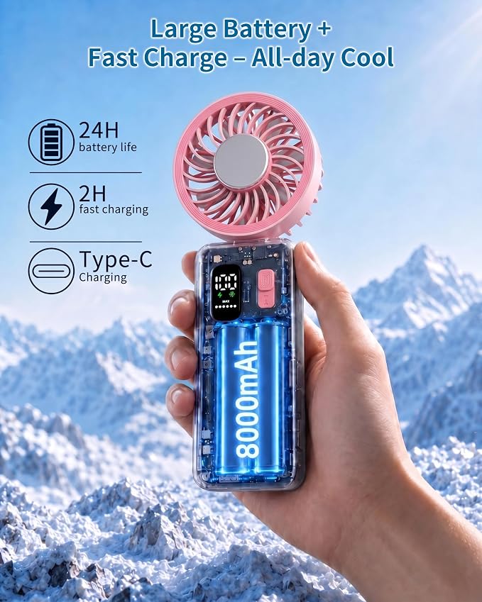 Portable Handheld Fan with Ice Cooling, 100 Speed Rechargeable Mini Desk Fan, Up to 12Hrs Cooling, Powerful Folding Personal Fan for Travel, Camping, Office (Pink)