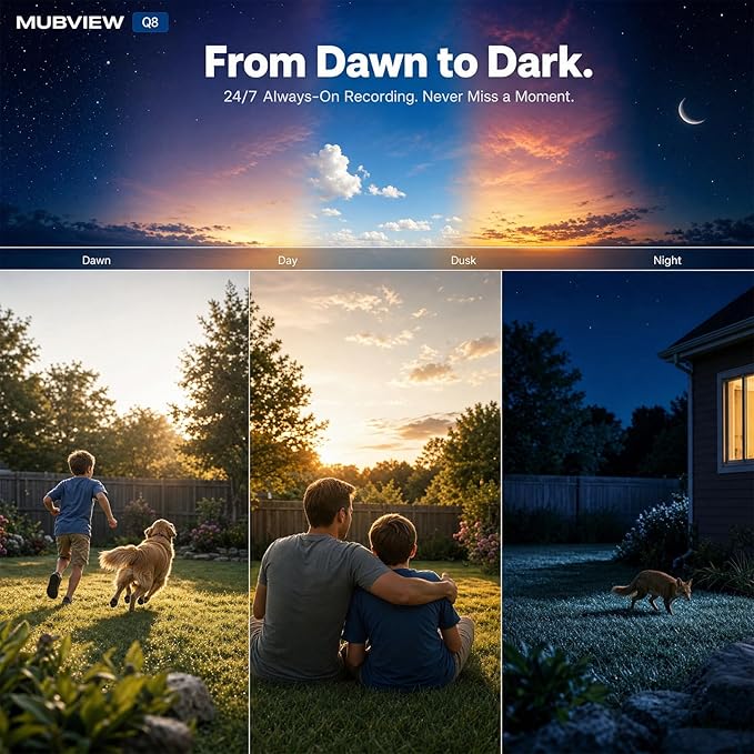 MUBVIEW 24/7 Continuous Recording Wireless Outdoor Security Camera, 2.4G WiFi, 2K Solar Powered, 360° PTZ, Auto Tracking, SD Included, Optional Cloud Storage, AI Detection, Night Vision(White,2 Packs)