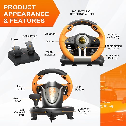 PXN PC Racing Wheel, V3 PRO 180 Degree Universal Usb Car Sim Race Steering Wheel with Pedals for PC, PS3, PS4, Xbox One, Xbox Series X/S, Switch (Orange)