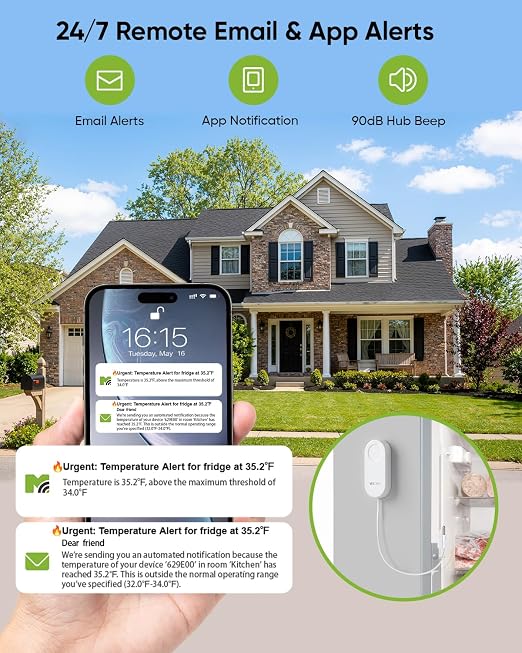 MOCREO WiFi Thermometer Freezer Alarm, Email Alert, App Notification, Data Record Export, No Subscription Fee, 2 Remote Wireless Temperature Sensors for Refrigerator, Freezer, Hot Tub