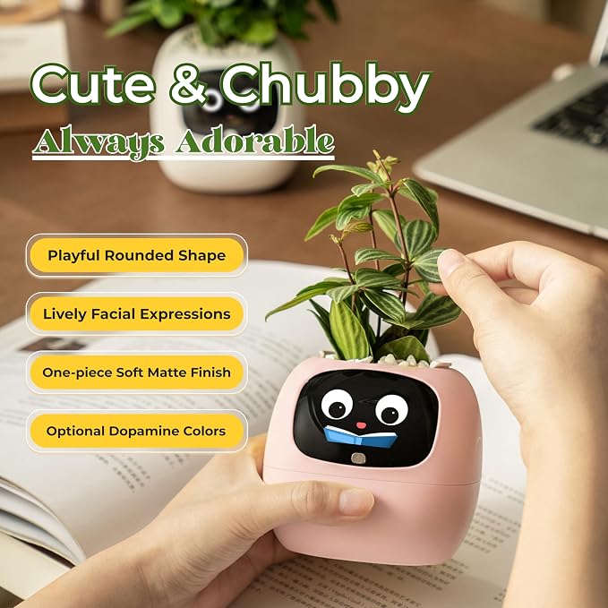 PLANTSIO Ivy AI Smart Planter Intelligent Flower Pot for Home Decoration Plants Companion Neat Desk Setup Gift Pet Planter Robot Guidance on Plant Care with Emojis (Pink)