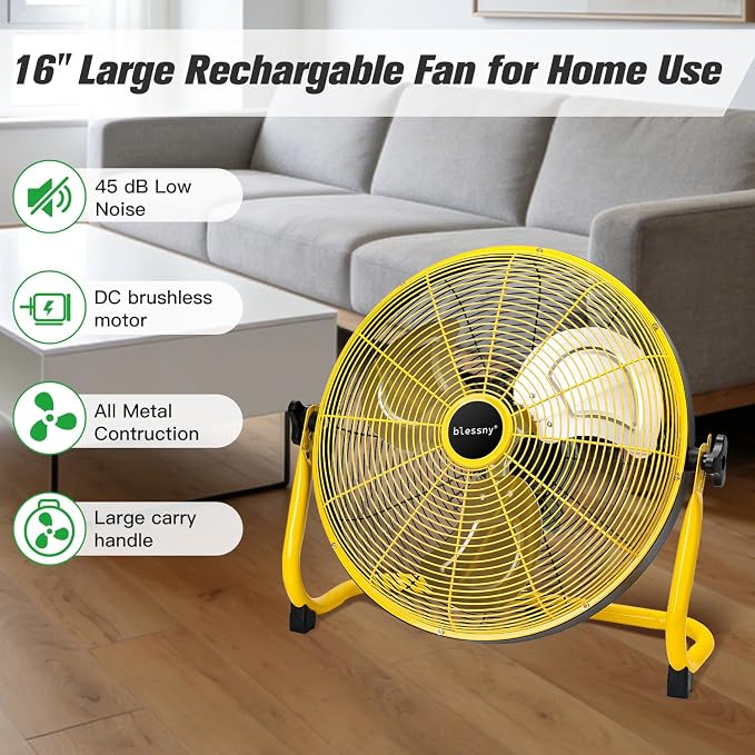 blessny 16'' Portable Rechargeable Floor Fan for Home Patio Camping Gym RV Greenhouse, Max 60 Hours Long Running Time