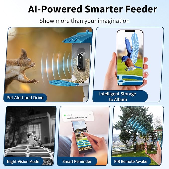 GarveeLife Smart Bird Feeder with 2K Camera & AI Recognition - Solar Powered, 2l Capacity, Night Vision, App Alerts, Auto Capture Photos/Videos for Bird Watching (Blue)