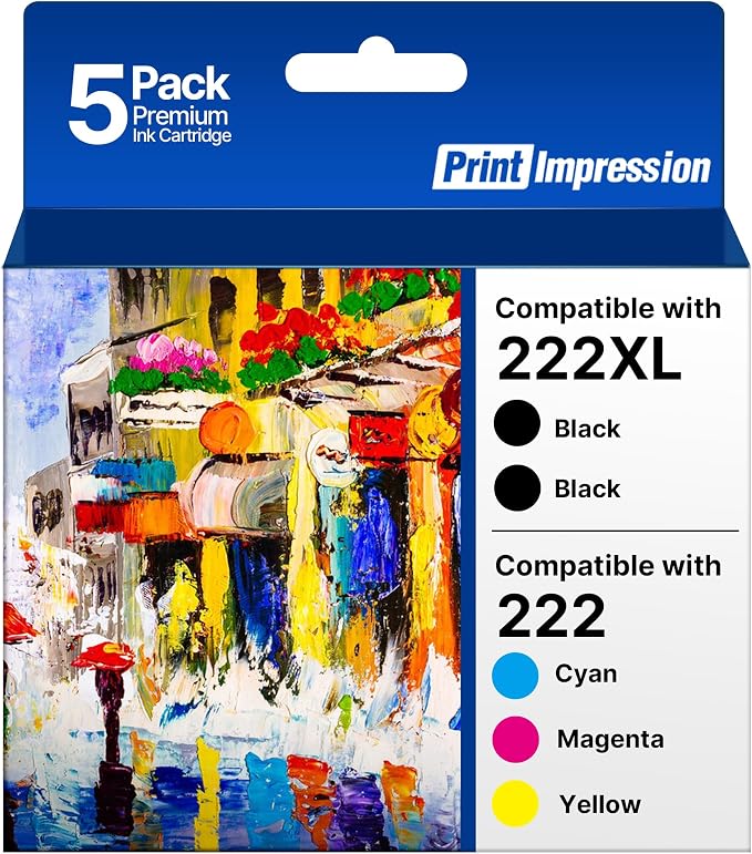 Remanufactured Replacement for 222XL Ink Cartridges for Epson Printer 5-Pack for Epson 222XL Ink Cartridges Combo Pack for Epson 222 Ink Work for Workforce WF-2960 Expression XP-5200 Printer