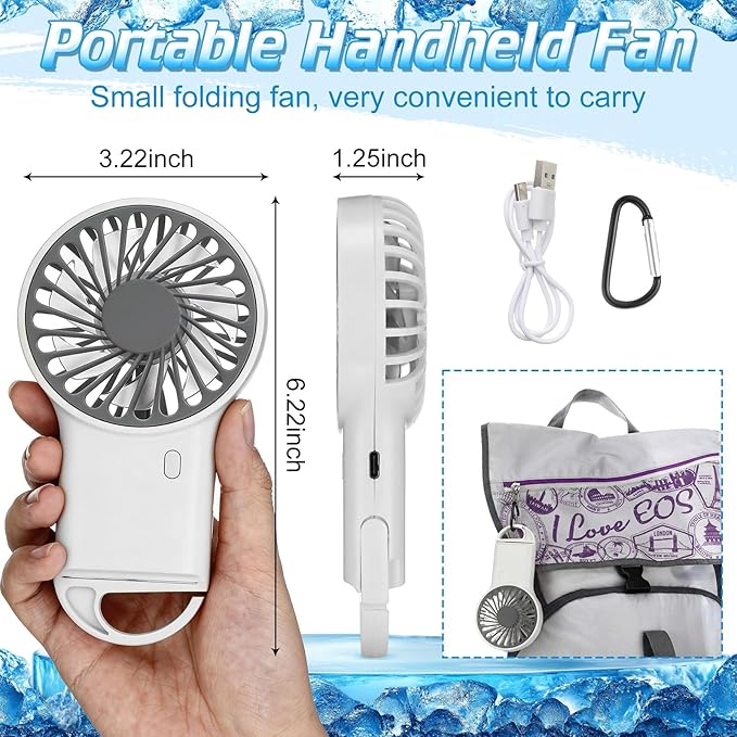 VIHOSE 8 Pcs Portable Hanging Fan, 3 Speeds Personal Rechargeable Desk Hand Held Small Fan with D Metal Hook for Cooling Small Personal Hands Outdoor Travel (White)