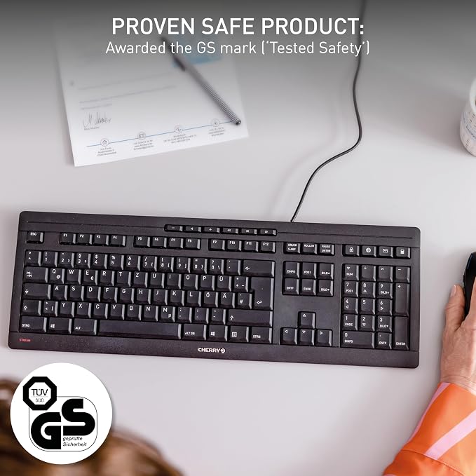 Cherry Stream Keyboard, Wired Keyboard for PC/Laptop, Whisper Quiet Silent Keys, Unique Typing Feel, Slim Design, SX Scissor Switches, USB-A, QWERTY, Black