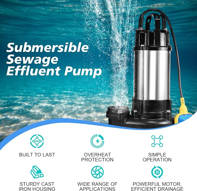 NLIEOPDA 1HP Sewage Grinder Sump Pump, Submersible Effluent Pumps 110V 6400 GPH Auto Float Switch, Cast Iron, 2'' NPT Discharge for Basement, Sump Basin, Residential Sewage