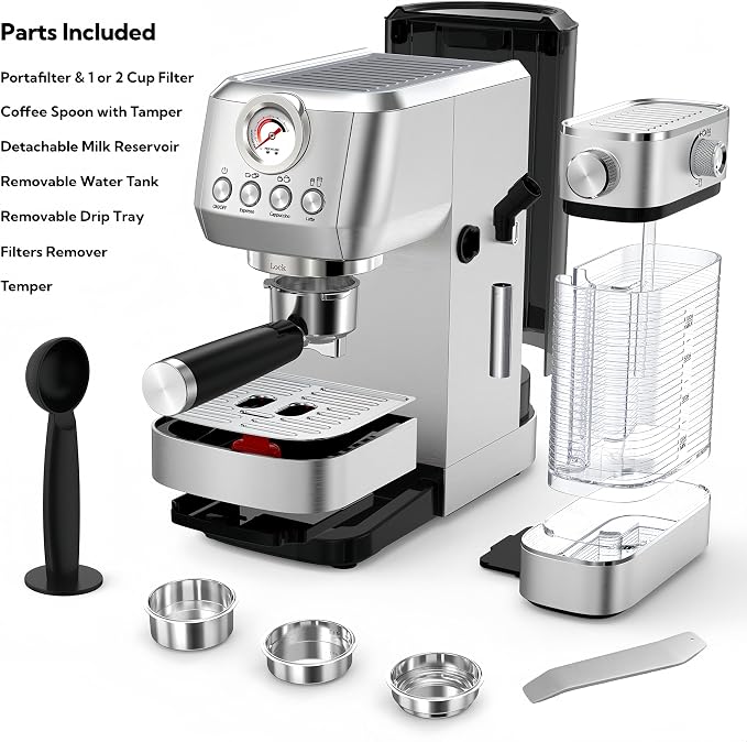MAttinata Cappuccino Coffee Machine with Automatic Milk Frother, Compact Espresso Machine with Pressure Gauge, Stainless Steel Cappuccino Maker with for Home, Office