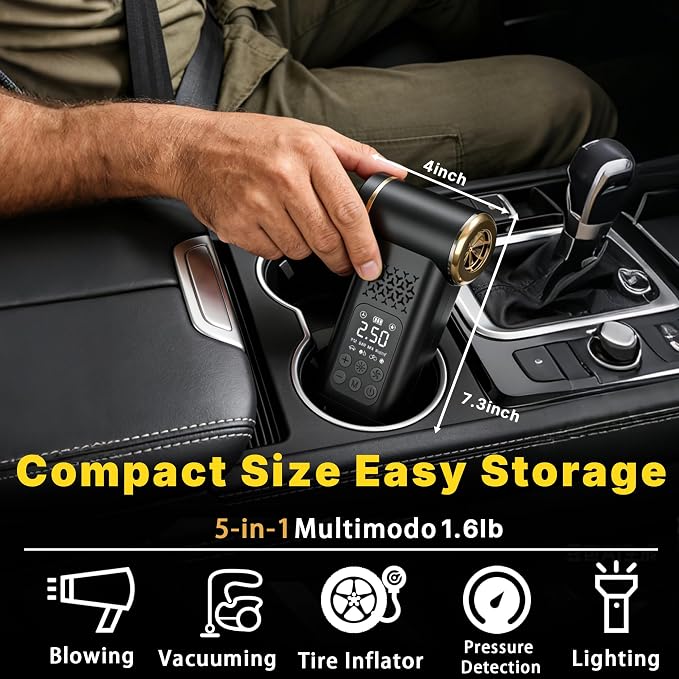Car Tire Inflator- Vacuum Cleaner- Air Compressor 3-in-1 150PSI Air Pump Cordless Rechargeable USB Portable Battery Operated Inflatables for Car, Motorcycle, Bike, Balls