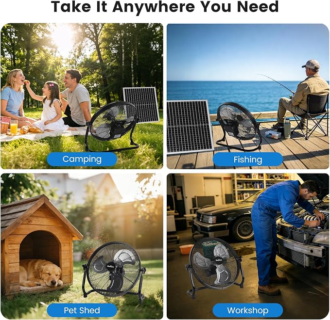 16'' Solar Powered Fan with 35W Solar Panel, Rechargeable Battery Operated Floor Fan with 23FT Cable, Cordless Portable Outdoor Fans for Home, Camping, Chicken Coop, Greenhouse, Power Outages