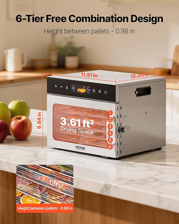 VEVOR Food Dehydrator Machine, 6 Stainless Steel Trays, 400W Electric Food Dryer with Adjustable Temperature & 24-Hour Timer, Food Dryer for Jerky, Meat, Fruit, Vegetables, Herbs, Dog Treats