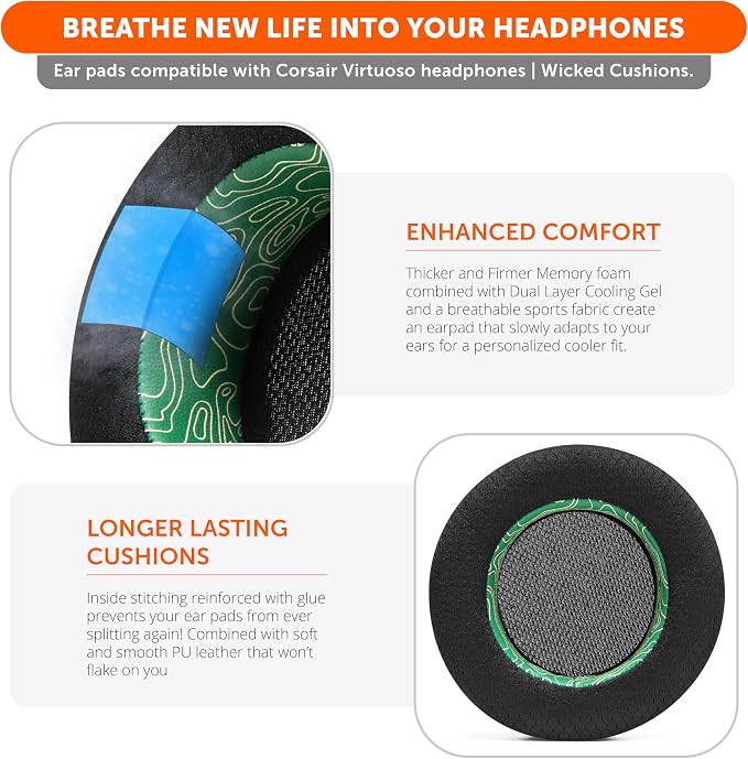 WC Freeze Virtuoso - Hybrid Fabric Cooling Gel Replacement Earpads for Corsair Virtuoso Gaming Headset, Made by Wicked Cushions, Improved Durability, Thickness and Sound Isolation | Emerald Tide