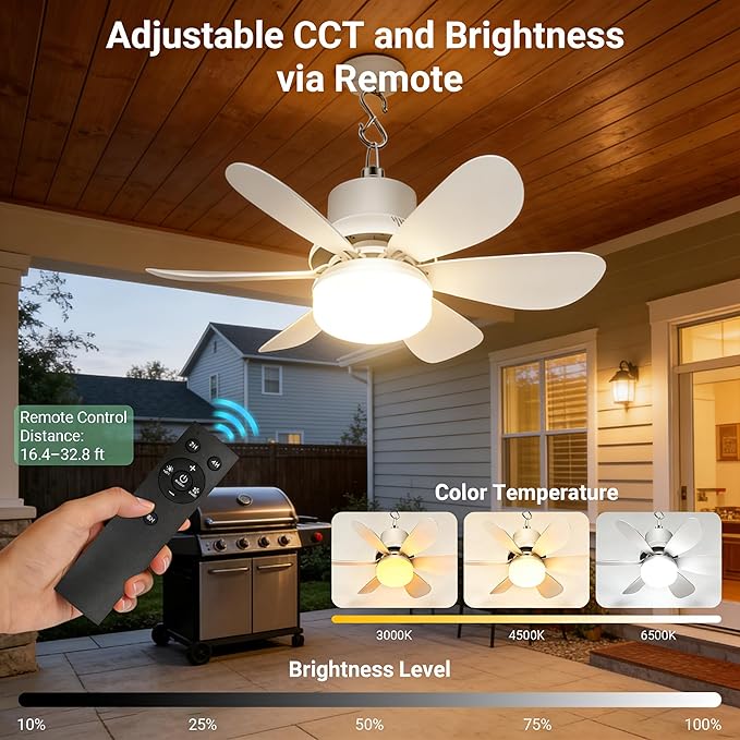 Solar Fan for Gazebo with Light, 18000mAh Rechargeable Solar Powered Patio Ceiling Fan with Remote, 17.5'' Portable Outdoor Hanging Fans for Pergola| Backyard| Camping| Tent| RV Canopy, IP54 Rated