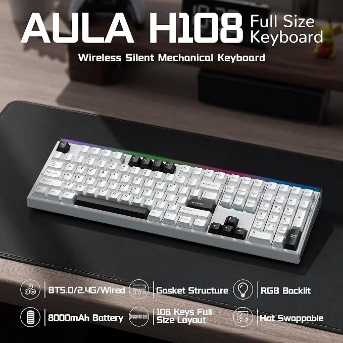 Aula H108 Wireless Mechanical Keyboard, Hot Swappable Silent Keyboard, Full Size Keyboard with Number Pad, Gasket Structure, RGB Backlit Computer Gaming Keyboard with PBT Keycaps for PC/Office
