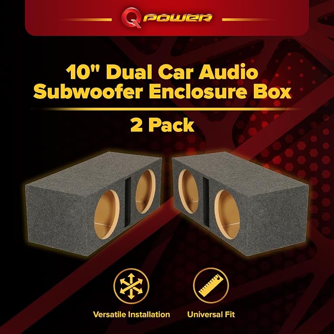 QPower QBASS Dual 10 Inch Heavy Duty MDF Car Audio Subwoofer Enclosure Boxes with Shared Slot Port Vent and Dual Chamber Design, Charcoal (2 Pack)