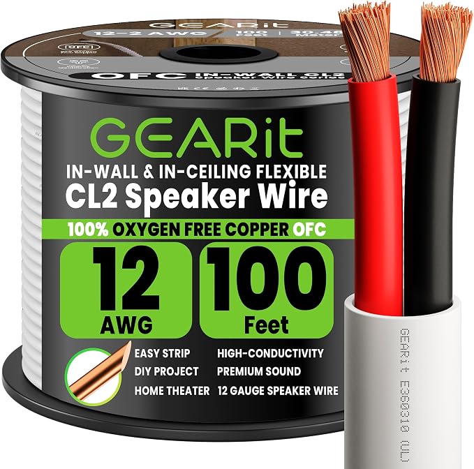 GEARit 12 Gauge Speaker Wire OFC,UL CL2 Rated 12 Gauge Wire 100 ft,Copper Wire with Polarity Mark,Speaker Cable for in-Wall Home Theater,Home,Car Stereo,Commercial Audio Systems(White,2-Conductors)