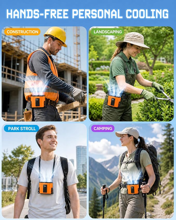 Portable Personal Fan: 3-Motor Hands-Free Waist Fan with 12,000mAh Battery & 5-Speed Airflow – Powerful Cooling for Construction Sites, Camping, Hiking & Travel-Belt Fan-Orange