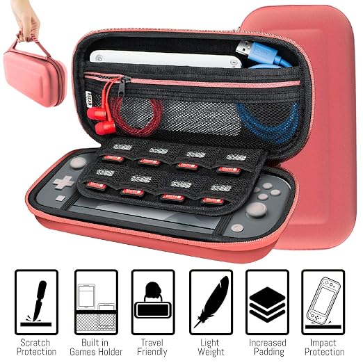 Orzly Accessories Bundle Compatible for use with Nintendo Switch Lite - Protective Case & Screen Protector, USB Cable, Games Holder, Grip Case, Headphones, Thumb-Grip Pack & More (Coral)