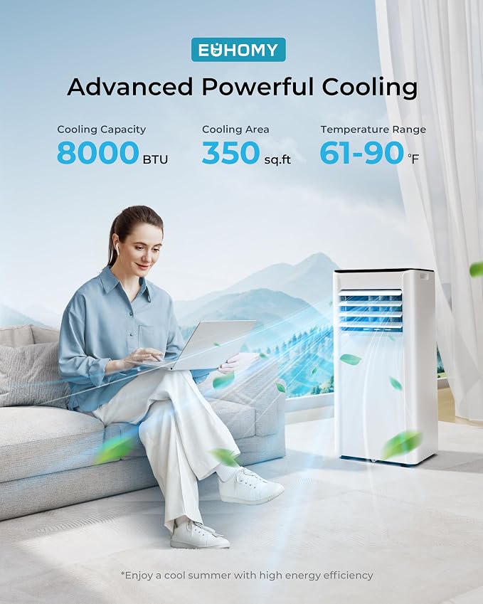 EUHOMY 8,000 BTU Portable Air Conditioner, 3-in-1 Portable AC Unit with Cools, Dehumidifier, Fan, 50 dB Sleep Mode, Cools 350 Sq.Ft. with 350 CFM Airflow, Installation Kit for Bedroom, Livingroom
