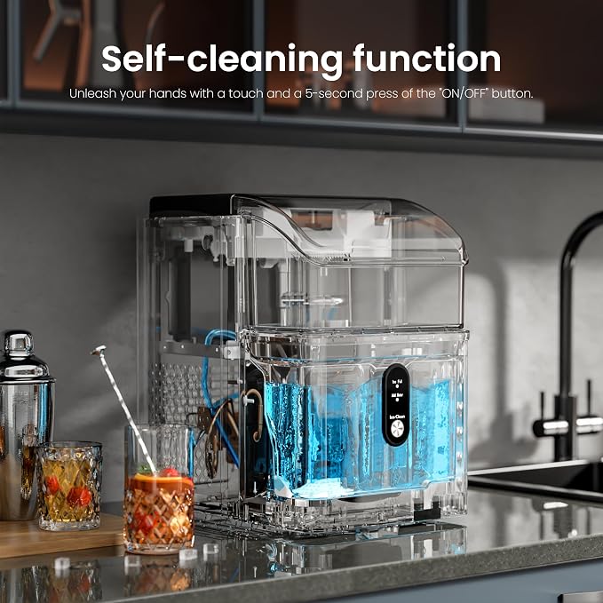Kismile Portable Nugget Ice Maker Countertop, 33Lbs/Day Pebble Ice Machine with Self-Cleaning Function, Chewable Sonic Ice Maker with 1.1L Water Tank for Home Kitchen Office Bar