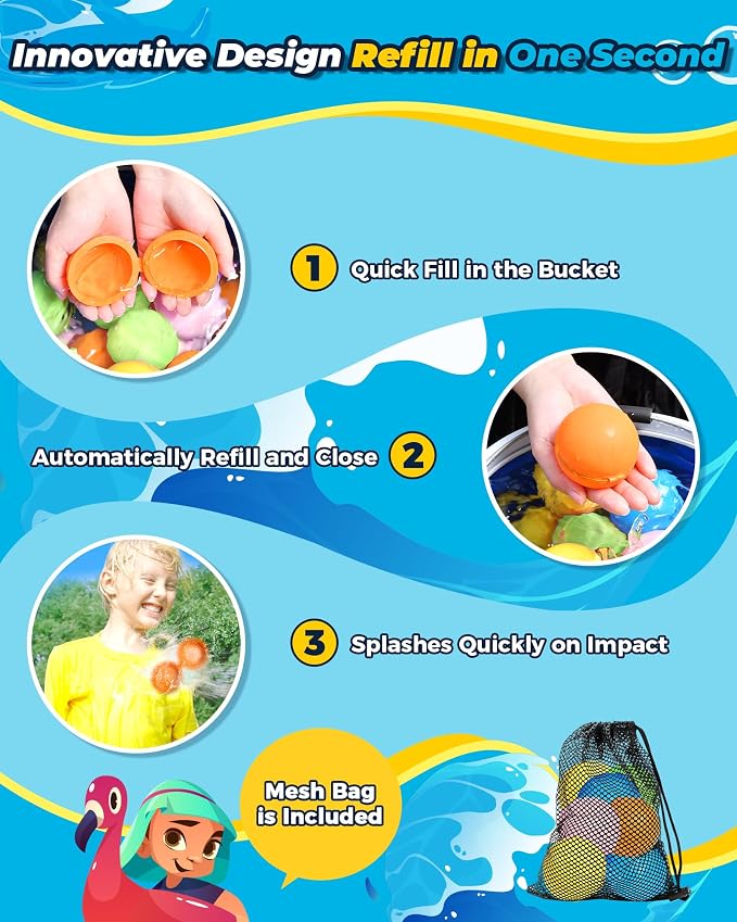 SOPPYCID 15PCS Reusable Water Balloons Quick Fill for Kids, Refillable Magnetic Water Balloons for Pool & Beach, Water Ball Toys for Summer Outdoor Games Outside Activities