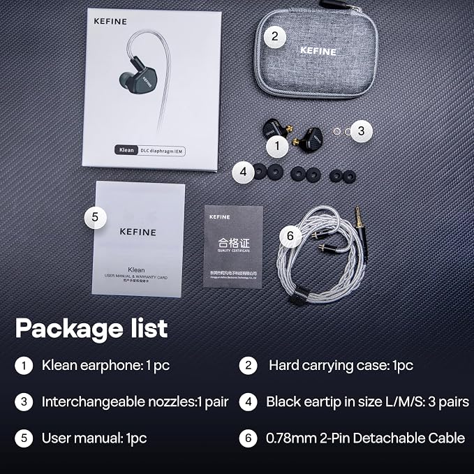 Linsoul Kefine Klean in Ear Monitor,10mm DLC Diaphragm Dynamic Driver HiFi Earphones,Wired Gaming Earbuds,Replaceable Nozzles,Detachable Silver-Plated Cable for Audiophile (No Mic 3.5mm, Black)