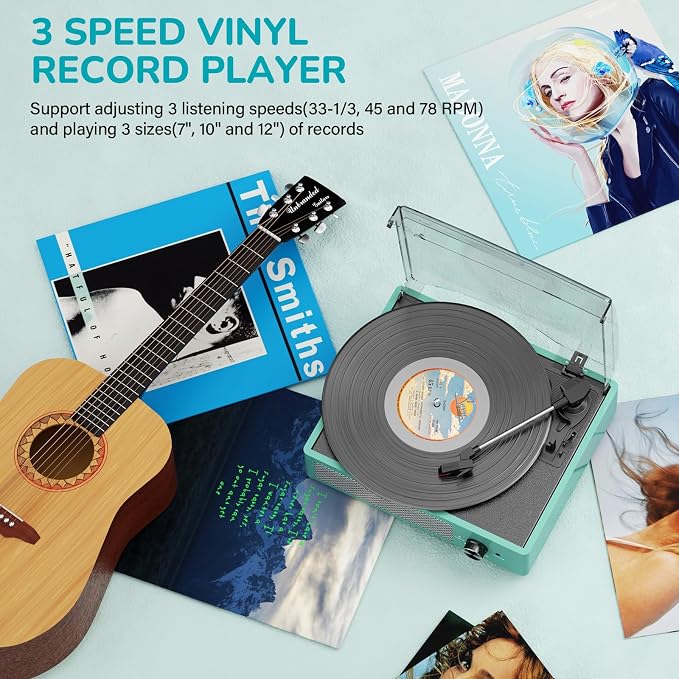 Record Player for Vinyl with 2 Build-in Speakers LP Vinyl Players Belt-Driven Vintage Turntables 3 Speed 3 Size, Wireless Bluetooth Playback, AUX-in, RCA Out, Headphone, Auto Stop,Water Blue