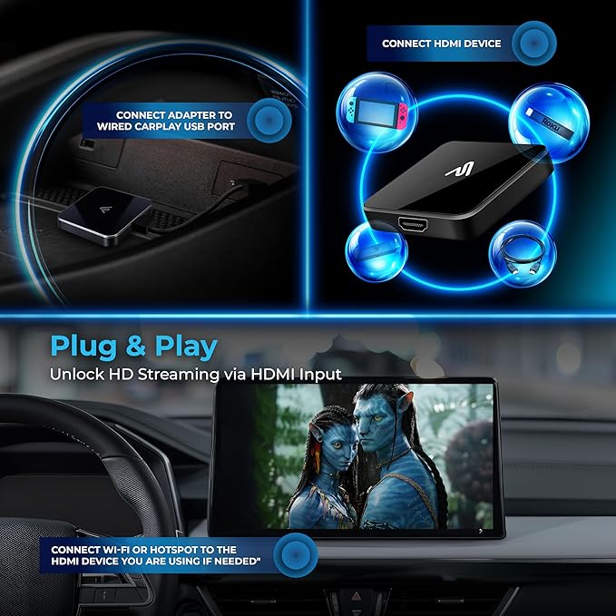 AutoSky CarPlay TV Adapter - Convert Any Wired CarPlay to Wireless CarPlay - Plug in a TV Stick to Stream Netflix, YouTube, and More Right from Your car’s infotainment Screen