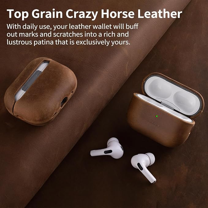 Belemay Handcrafted Crazy Horse Leather Case for AirPods Pro 3rd Gen (2025), Vintage Aesthetic, Two-Tone Effect, Unique Patina, Compatible with MagSafe, Compatible with Airpods Pro 3, Vintage Brown