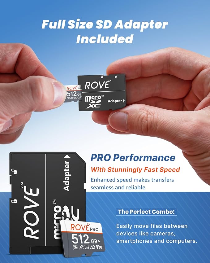 ROVE PRO Micro SD Card microSDXC 512GB Memory Card with Full-Size SD Adapter 100MB/s Read Speed, C10, U3, V30, 4K, A2 for Dash Cam, Android Smart Phones, Tablets, Games
