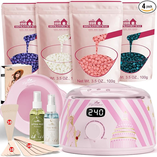 Lifestance Waxing Kit for Women & Men - L3 Liberty Bloom Digital Warmer, Silicone Wax Pot Liner, Hair Removal Kit with 14.1oz Hard Wax Beads & Oil Spray Professional for Home Brazilian Bikini Face Leg