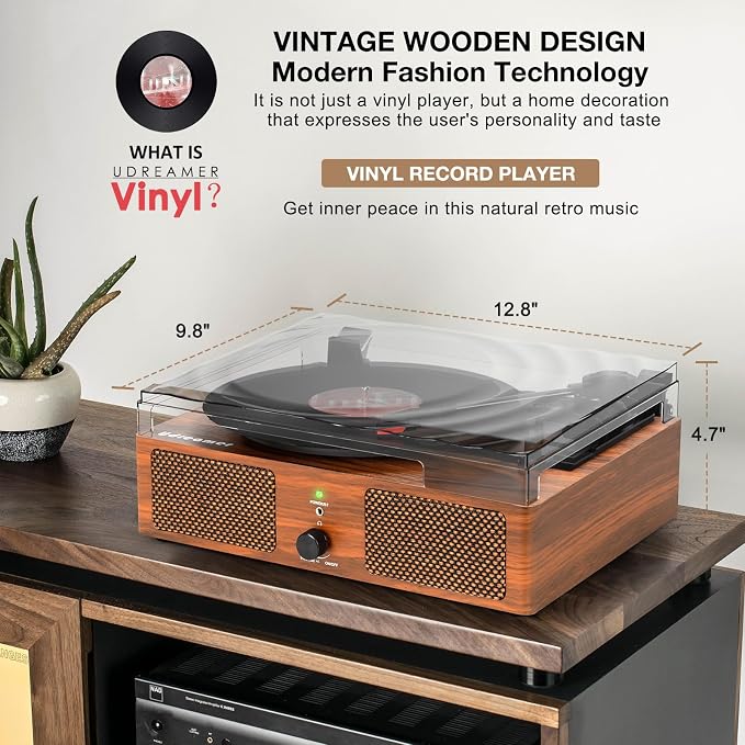 Vinyl Record Player with Upgraded Speakers and USB,Belt-Driven Bluetooth Turntable with 3 Speed AUX Input Headphone Jack and RCA Output