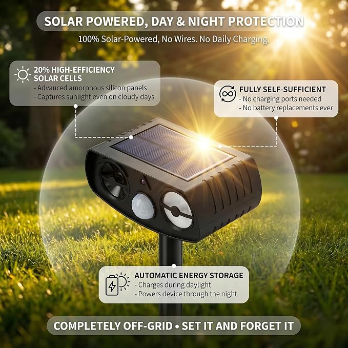 Solar Ultrasonic Animal Repeller Outdoor, Motion Sensor Waterproof Pest Deterrent, Raccoon Skunk Squirrel Rabbit Stray Dog Cat Repellent for Yard Garden Farm, 33ft 120° Coverage, 2 Pack Black
