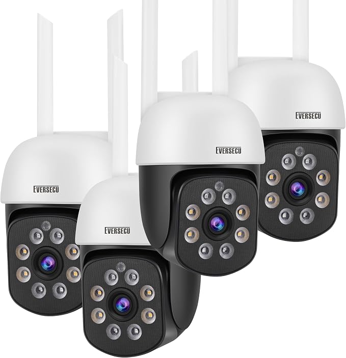EVERSECU 2K 3.0MP Outdoor WiFi PTZ Security Camera, 2.4G WiFi, Auto Tracking, 2 Way Audio, Spot Night Vision, Compatible with Alexa, SD Card & Cloud Storage, ONVlF Compliant RTSP IP CCTV Camera(4pcs)