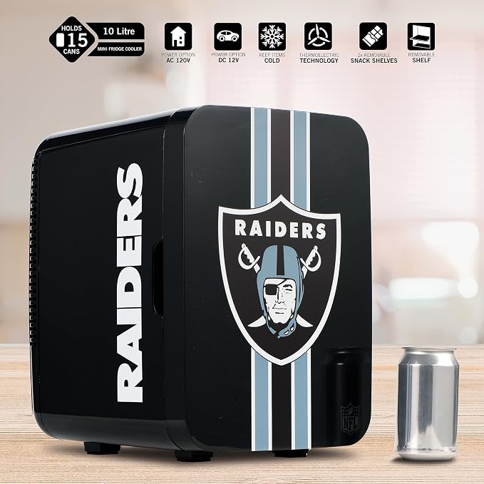 Ukonic NFL Las Vegas Raiders 15-Can Mini Fridge 10L AC/DC Powered, Official Team Colors & Logo, Portable Cooler for Tailgates, Home, Office, or Car