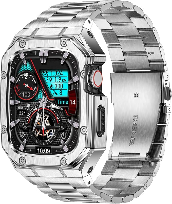 BAITEYOU Stainless Steel Watch Band with Case Compatible with Apple Watch Series SE 3 2 1/6 5 4 (44mm), Series 3 2 1 (42mm), Metal Protective Bumper Rugged Cover for iWatch Bands Men (Silver)