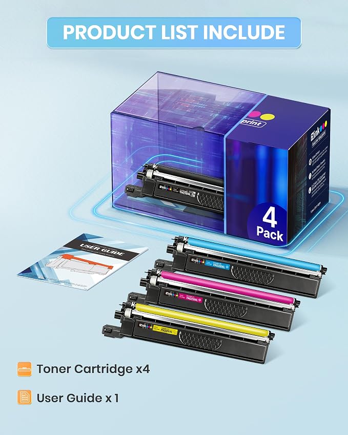 E-Z Ink Compatible TN229XL Toner Cartridges Replacement for Brother TN229XL TN-229XL TN229 XL to use with MFC-L3720CDW MFC-L3780CDW HL-L3220CDW HL-L3280CDW HL-L3300CDW Printer (TN229XLBK/C/M/Y-4 Pack)